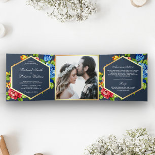 Modern Geometric Vibrant Floral Photo Wedding Tri-Fold Invitation
