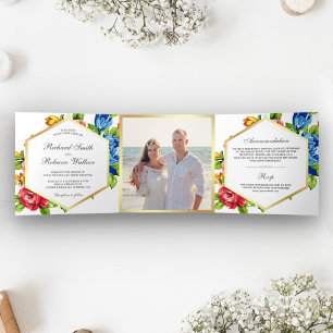 Modern Geometric Vibrant Floral Photo Wedding Tri-Fold Invitation