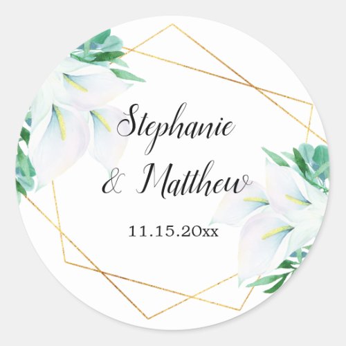 Modern Geometric White Calla Lily Floral Wedding Classic Round Sticker