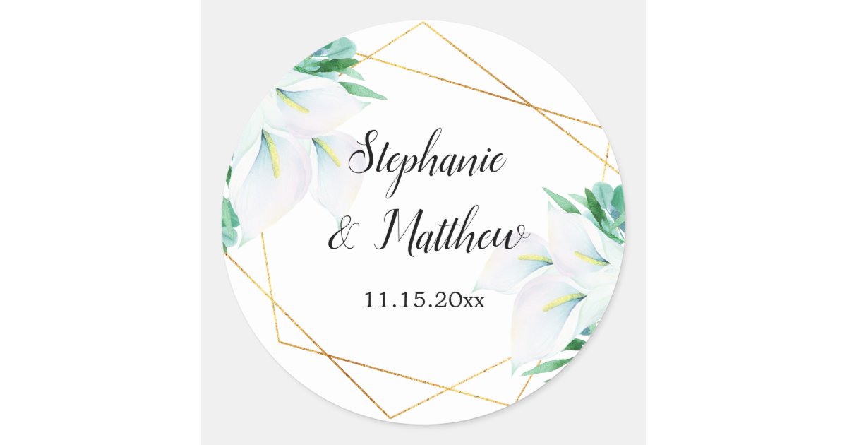 Modern Geometric White Calla Lily Floral Wedding Classic Round Sticker ...