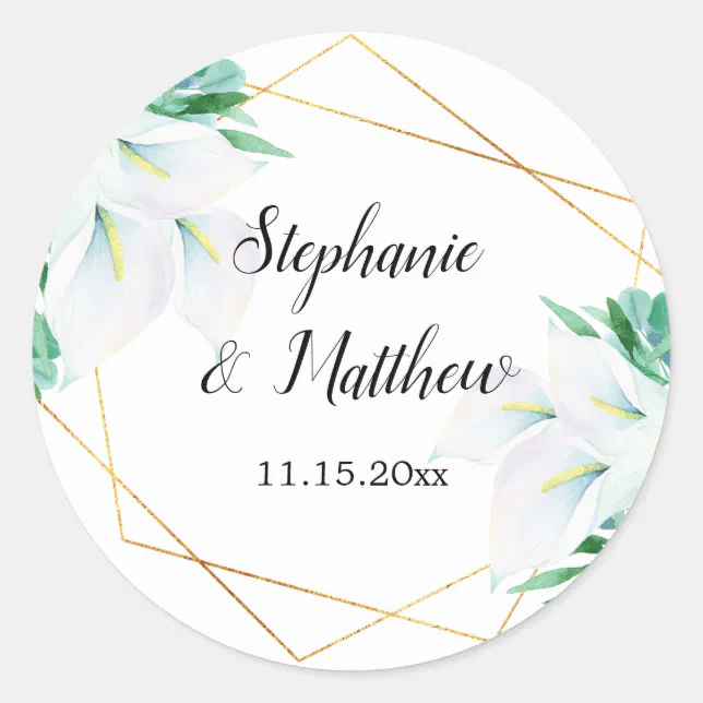 Modern Geometric White Calla Lily Floral Wedding Classic Round Sticker ...