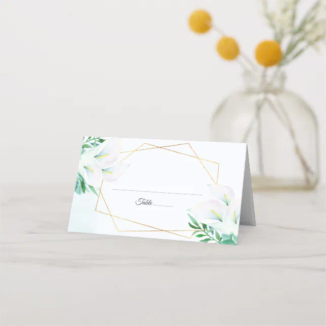 Modern Geometric White Calla Lily Floral Wedding Place Card | Zazzle