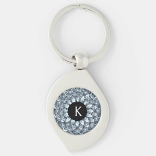 Modern Geometric White Diamonds Mandala Monogram Keychain