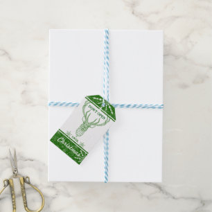 Modern geometric white & green christmas deer gift tags