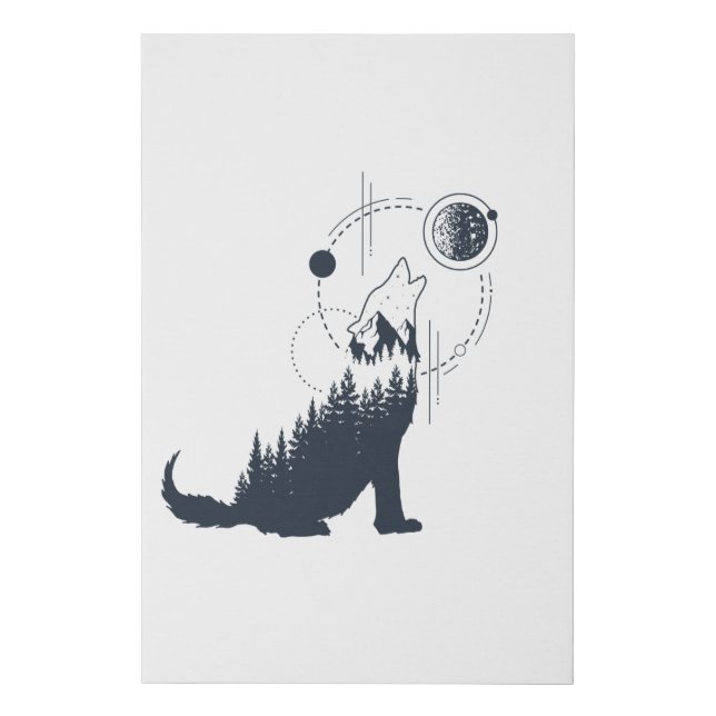 Modern Geometric Wolf Forest Double Exposure Faux Canvas Print (Front)