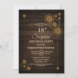 Modern Geometric Wood Surprise 18th Birthday Party Invitation