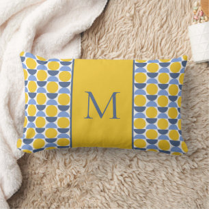 Modern Geometric Yellow and Blue Circles Monogram Lumbar Pillow