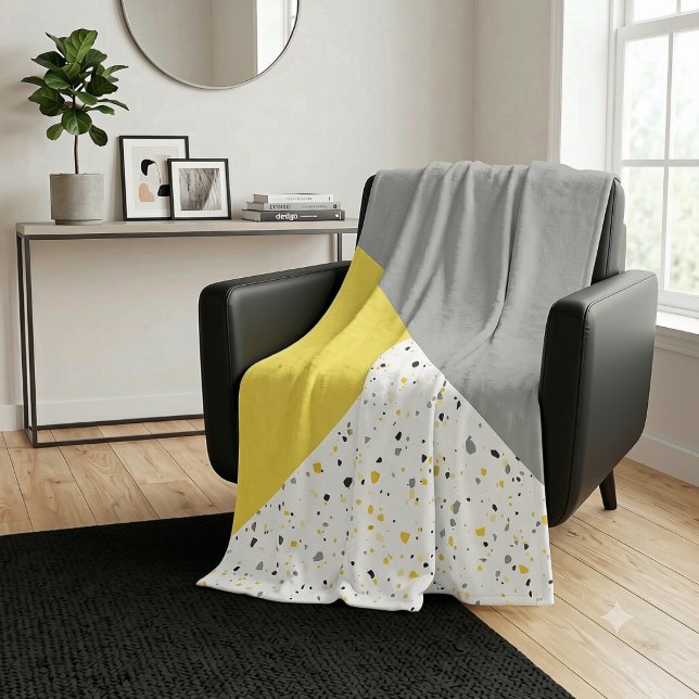 Modern Geometric Yellow Gray Terrazzo Pattern Fleece Blanket (Creator Uploaded)