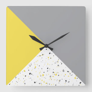 Modern Geometric Yellow Grey Terrazzo Pattern Square Wall Clock