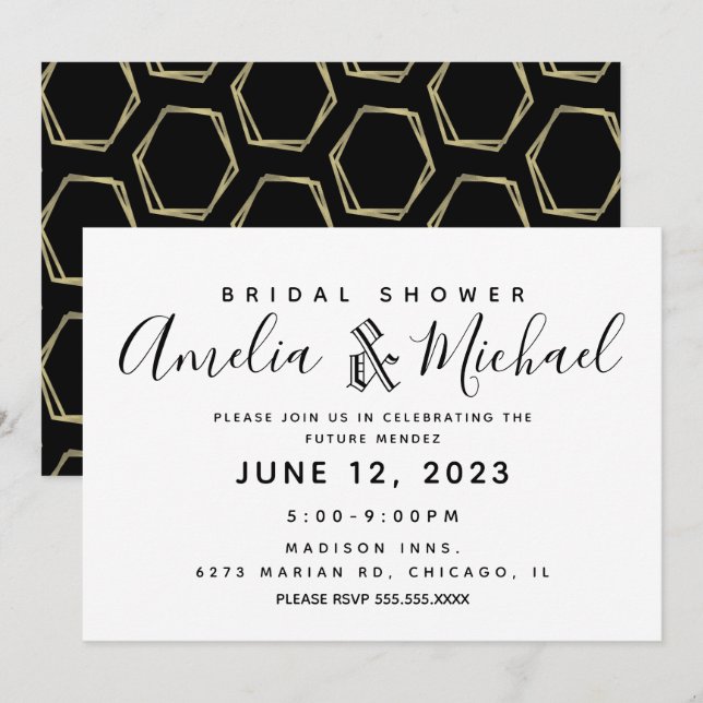 Modern Geometrical Gold and Black Bridal Shower Invitation (Front/Back)