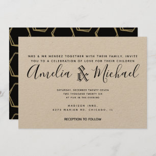 Modern Geometrical Gold and Black Wedding Kraft Invitation