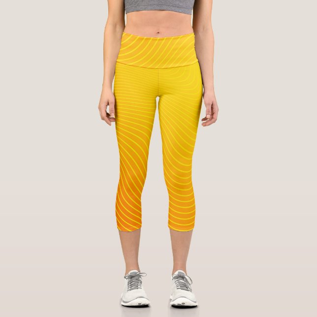 Modern Geometrical Line Orange Yellow Stripe Ombre Capri Leggings (Front)