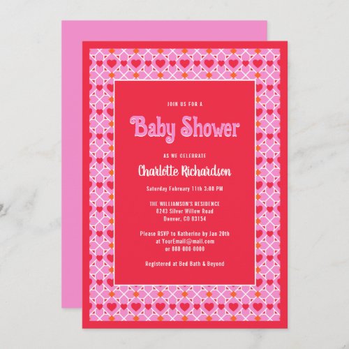 Modern Geometry Pink Heart Pattern Baby Shower Invitation