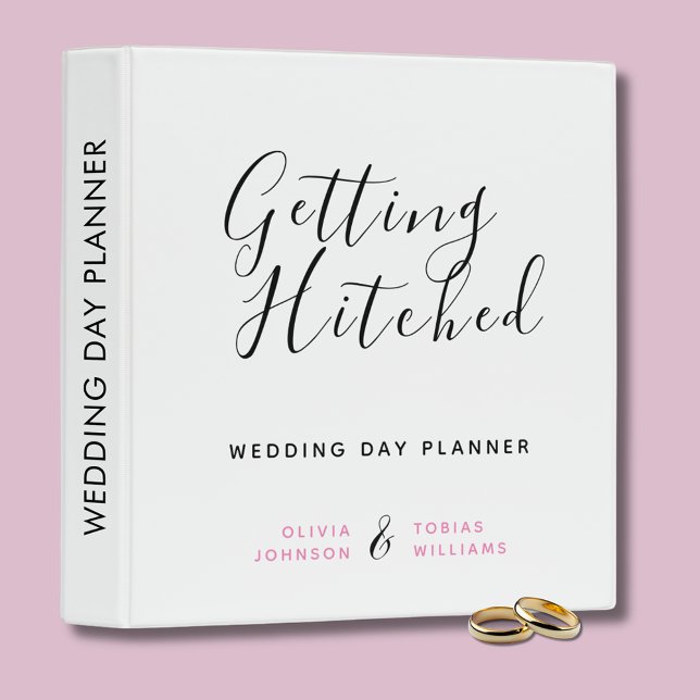 Modern Getting Hitched Wedding Planner 3 Ring Binder (Wedding Day binder with 'getting hitched' text.  Ideal for wedding planning.)