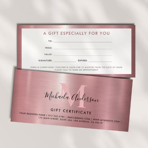 Modern Gift Certificate Pink Rose Gold Monogram