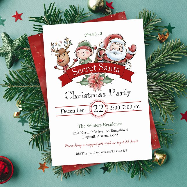 Modern Gift Exchange Secret Santa Christmas Invitation (cute secret santa party invitations for holiday office party or gift exchange white elephant party)