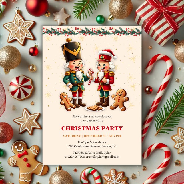 Modern Gingerbread Nutcracker Christmas Party Invitation (Modern and Festive Gingerbread Nutcracker Christmas Party Invitation)