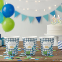 Modern Gingham Blue Construction 3rd Birthday 