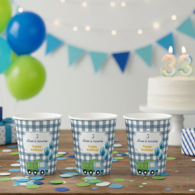 Modern Gingham Blue Construction 3rd Birthday  Paper Cups (Creator Uploaded)