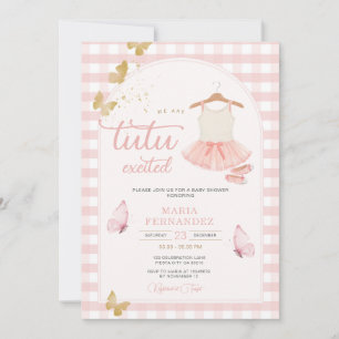 Modern Gingham Butterfly Pink Tutu Ballerina Invitation