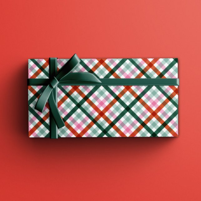 Modern Gingham Christmas Gift Wrapping Paper Sheets (Modern Gingham Christmas gift-wrapping sheets, with pink, red, and green a trendy holiday pattern.)