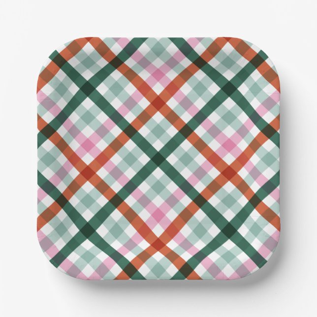 Modern Gingham Christmas Pattern Paper Plates (Front)