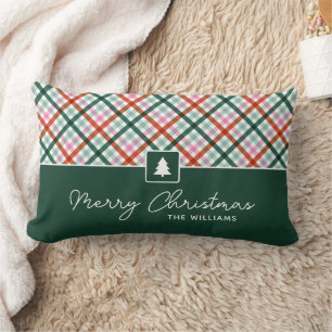 Modern Gingham Family Name Christmas Lumbar Pillow