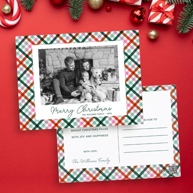 Modern Gingham Family Photo Merry Christmas  Holiday Postcard (Modern Christmas Gingham Black and White Photo template postcard. Red, Pink, Mint + Green colors)