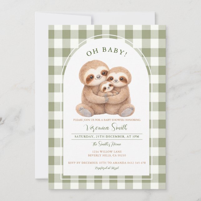 Modern Gingham Family Sloth Baby Shower Invitation (Front)