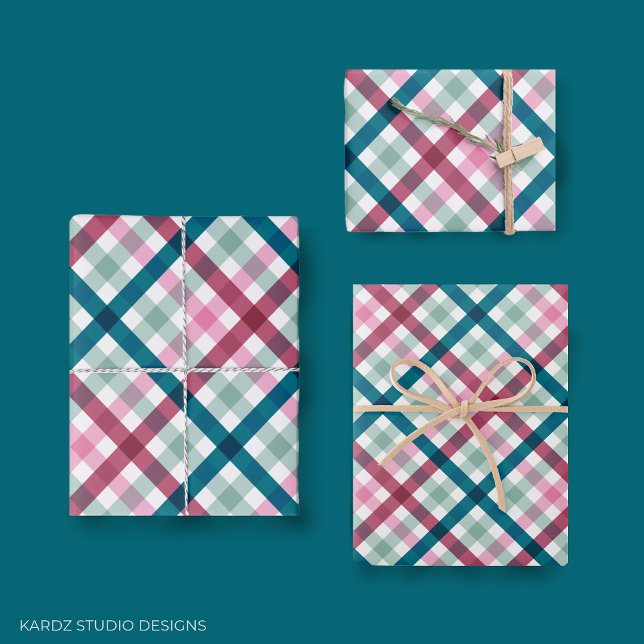 Modern Gingham Gift  Wrapping Paper Sheets (Gingham modern gift wrapping paper in pink, mint, and teal colors. Trendy pattern for pretty gifts.)