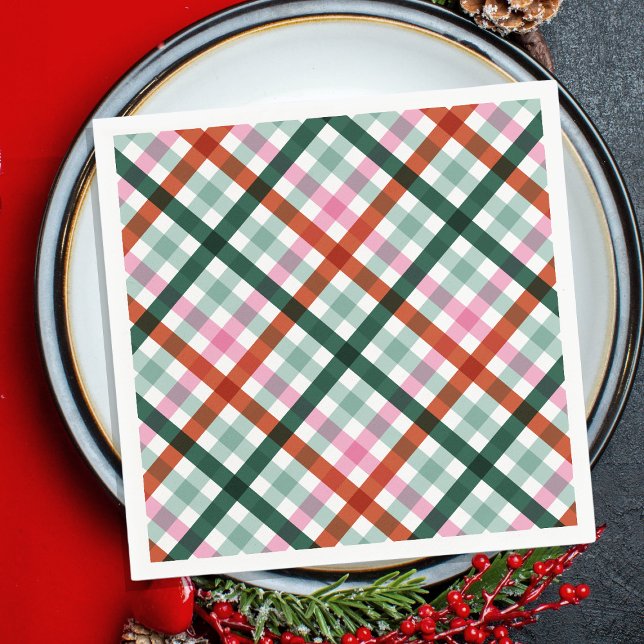 Modern Gingham Holiday Dinner Napkins Paper Napkin (Holiday Gingham dinner napkins in green, red and pink colors for Christmas Party. Modern plaid.)