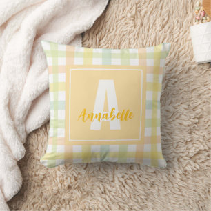 Modern Gingham Orange Green Yellow Blue Monogram Throw Pillow