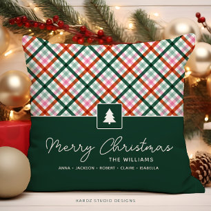 Modern Gingham Personalized Family Christmas Throw Pillow