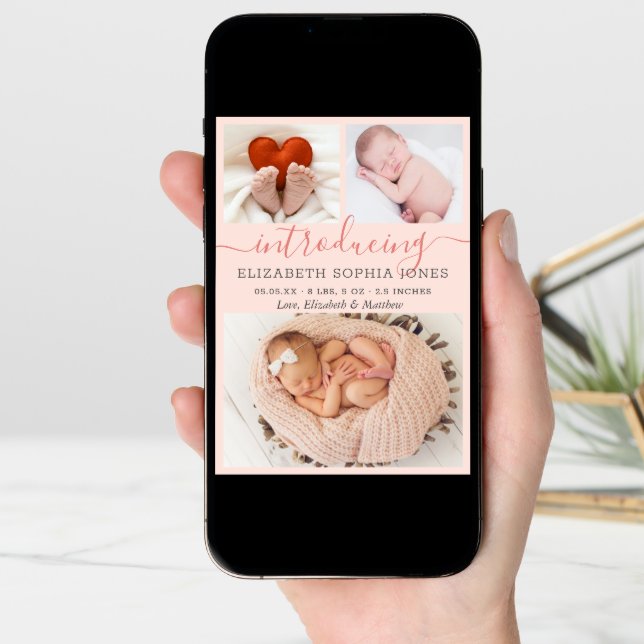 Modern Girl Birth Announcement Photo Collage Card (Front Digital)