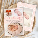 Modern Girl Birth Announcement Photo Collage Card<br><div class="desc">Baby Girl Blush Pink Birth Announcement 3 Photo Collage Cards. Elegant cute birth announcement featuring 3 of your favorite baby photos on front, with a pretty hand lettered text „introducing” in a swirly calligraphy script with swash-tails font on blush pink color background. Add your baby's name on the front and...</div>