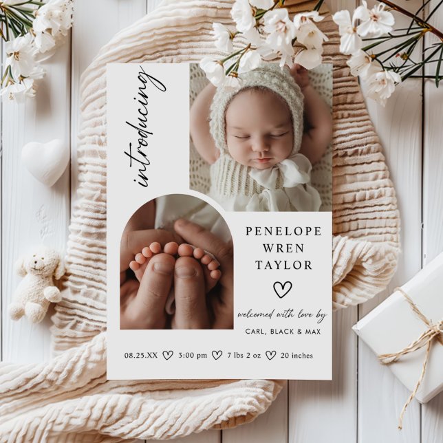 Modern Girl Birth Announcement Photo Collage Card (Creator Uploaded)