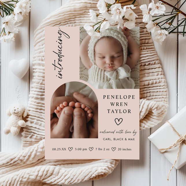 Modern Girl Birth Announcement Photo Collage Card (Creator Uploaded)