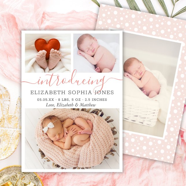 Modern Girl Birth Announcement Photo Collage Card (Creator Uploaded)