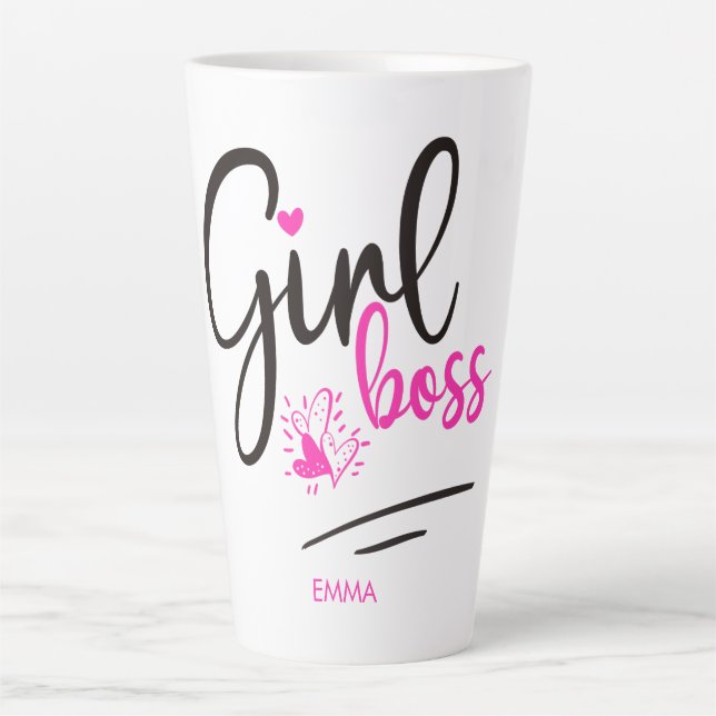 Modern Girl Boss Fun Typography Pink Black Hearts Latte Mug (Front)