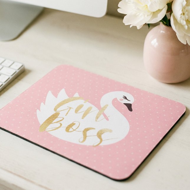 Modern Girl Boss Swan Feminine Desk Accessory Mouse Pad (Girl Boss | Chic Girly White Swan & Polka Dot Mouse Pad)