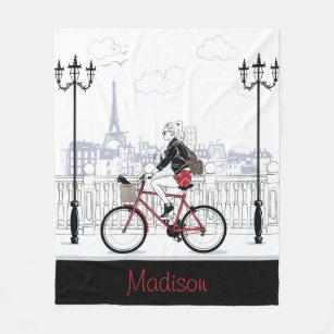 Modern Girl Cycling Paris Personalized Name Fleece Blanket