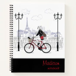 Modern Girl Cycling Paris Personalized Name Notebook