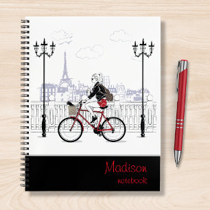 Modern Girl Cycling Paris Personalized Name Notebook
