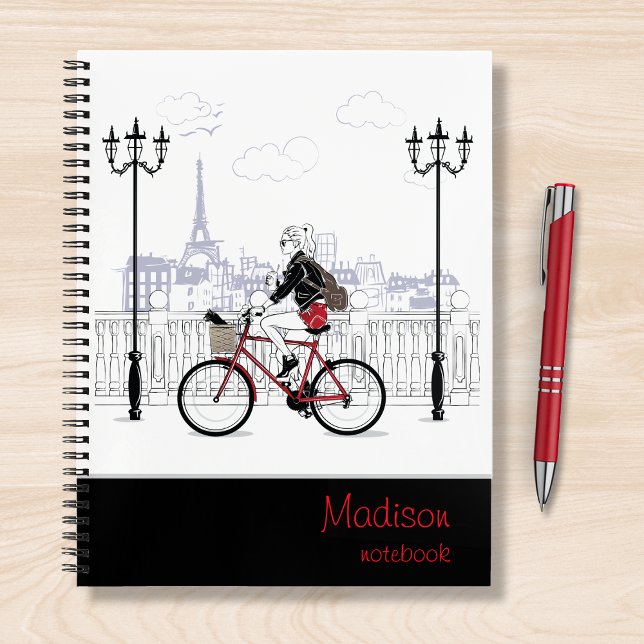 Modern Girl Cycling Paris Personalized Name Notebook (Creator Uploaded)