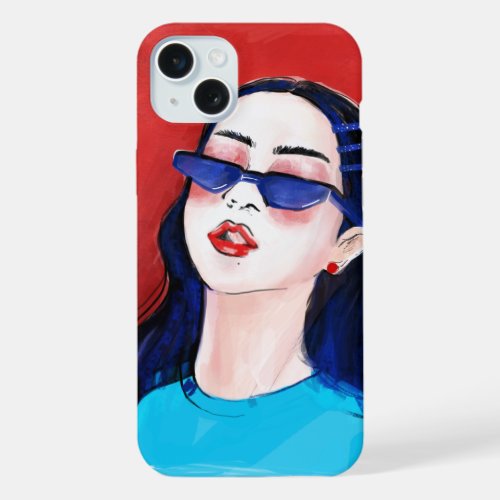 Modern Girl in Red and Blue Graphic Printed iPhone iPhone 15 Plus Case