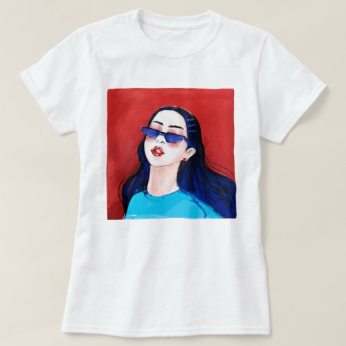 Modern Girl in Red and Blue Graphic Printed T_Shirt