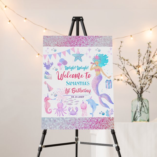 Modern Girl Mermaid 1st Birthday Party Welcome Foam Board (In Situ (Stand))