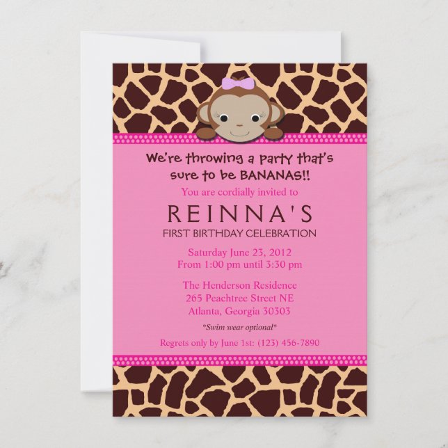 Modern Girl Monkey Invitation [Pink] (Front)