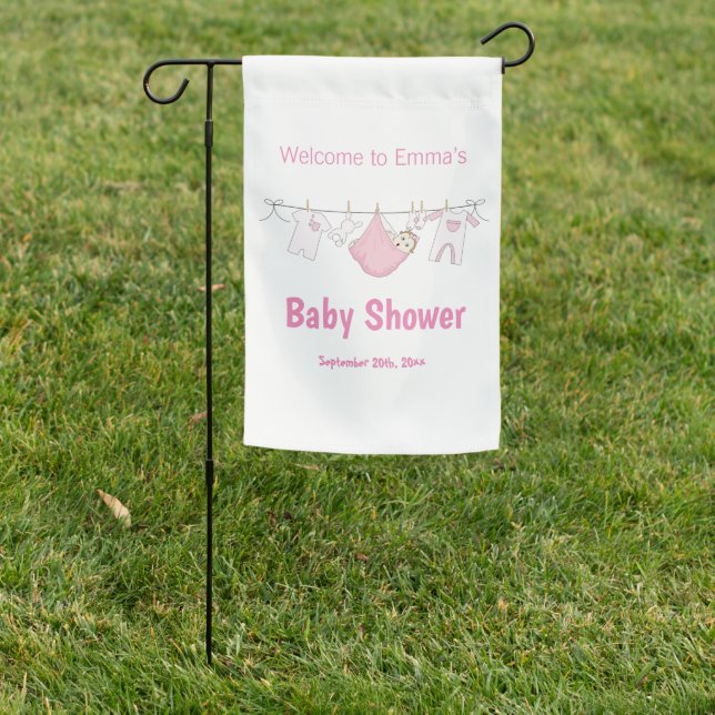 Modern Girl Pink Clothesline Baby Shower Welcome  Garden Flag (In SItu)