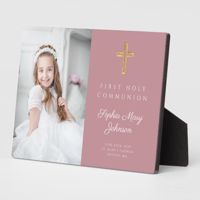 Modern Girl Pink First Communion Photo Plaque (Side)